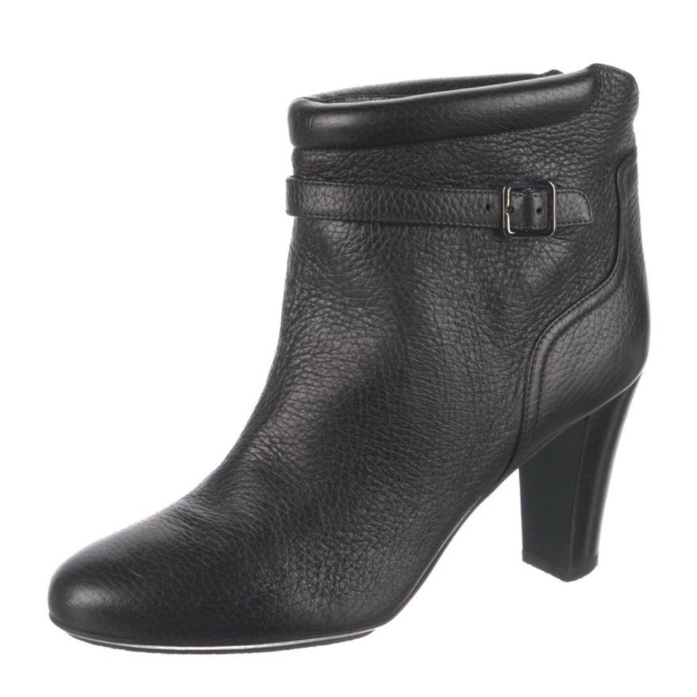 Bally Black Pebbled Leather Ankle Boots Silver Buckle 3.25 in heel US 8 EU 38.5